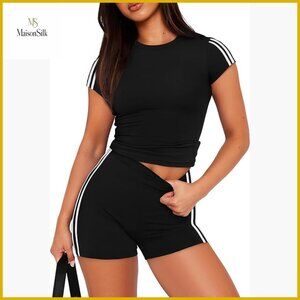 Slim Fit Lounge Set with Contrast Stripes, Polyester Spandex Fabric, Size Large